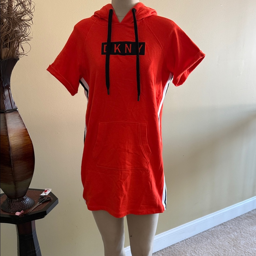 DKNY Vibrant Orange and black  Hooded Tunic dress